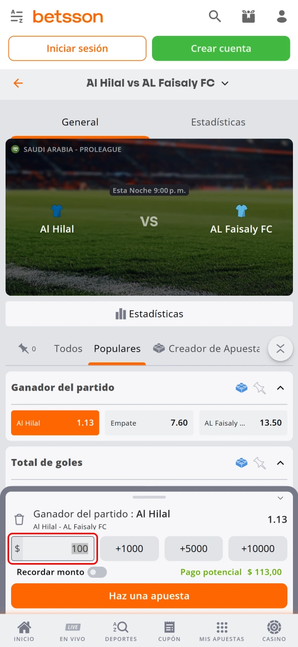 Ingresa la cantidad de tu apuesta dentro de la aplicación Betsson.
