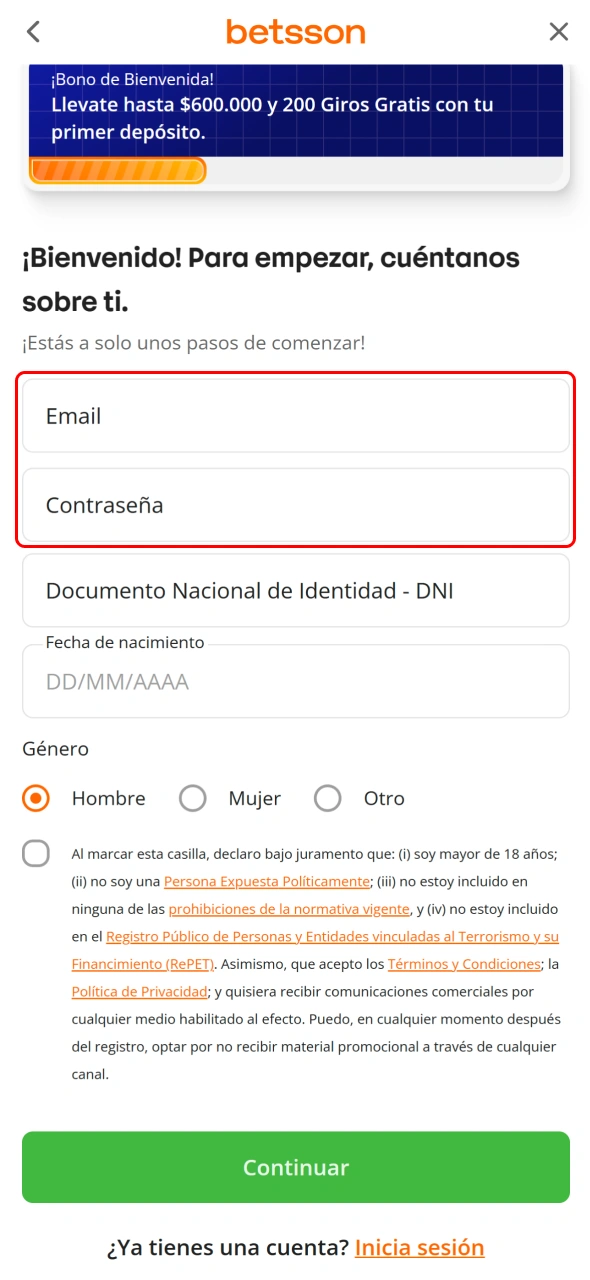 Proporciona tu correo electrónico para completar el registro en Betsson CBA.