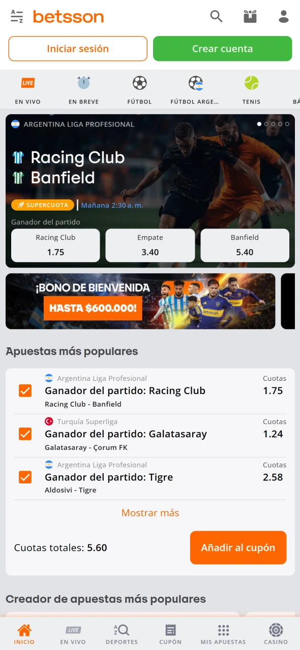 Selecciona tu mercado deportivo preferido dentro de Betsson PBA.